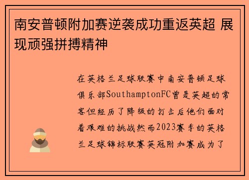 南安普顿附加赛逆袭成功重返英超 展现顽强拼搏精神