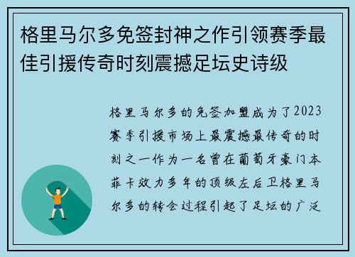 格里马尔多免签封神之作引领赛季最佳引援传奇时刻震撼足坛史诗级